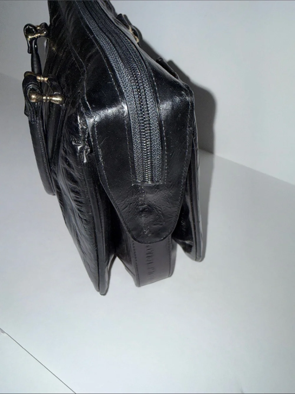 Vintage 80’s Black Eel Leather Accordion Satchel with Gold Hardware